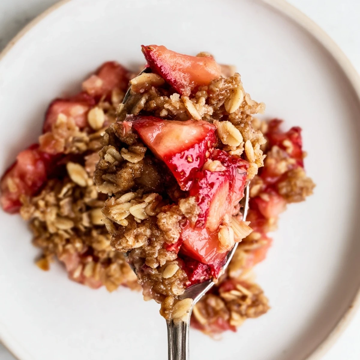 Slice of rustic Strawberry Rhubarb Crisp Recipe steaming, tart-sweet fruit filling