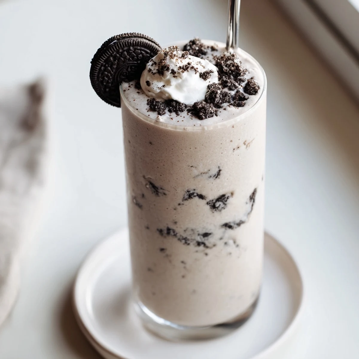 Cookies And Cream Protein Shake poured into glass, creamy chocolate cookie flecks visible
