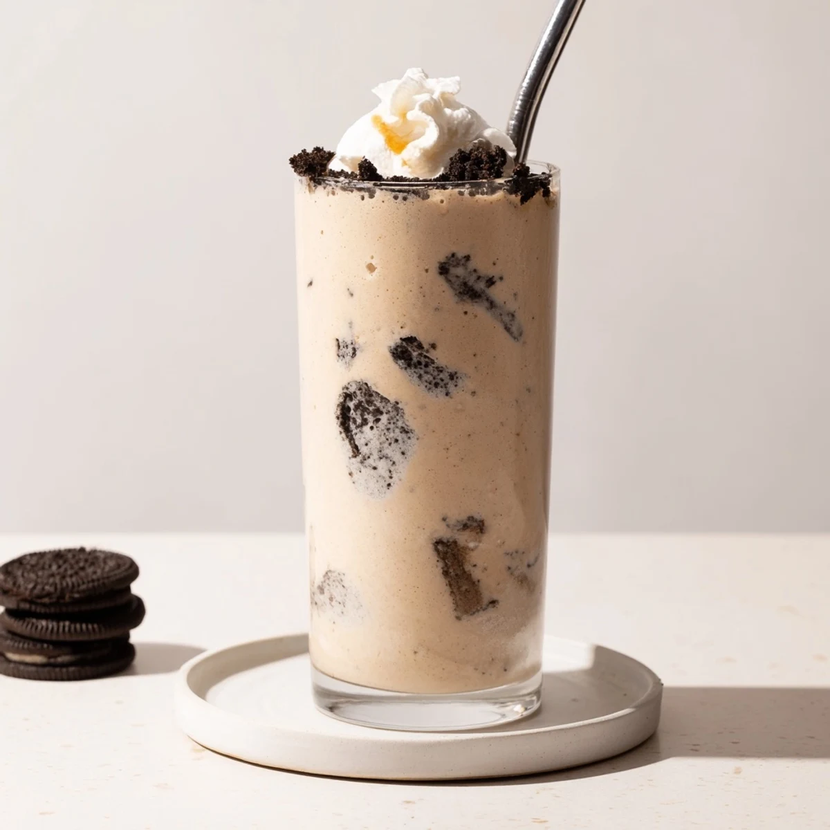 Post-workout Cookies And Cream Protein Shake thick, banana-smooth texture, served with straw