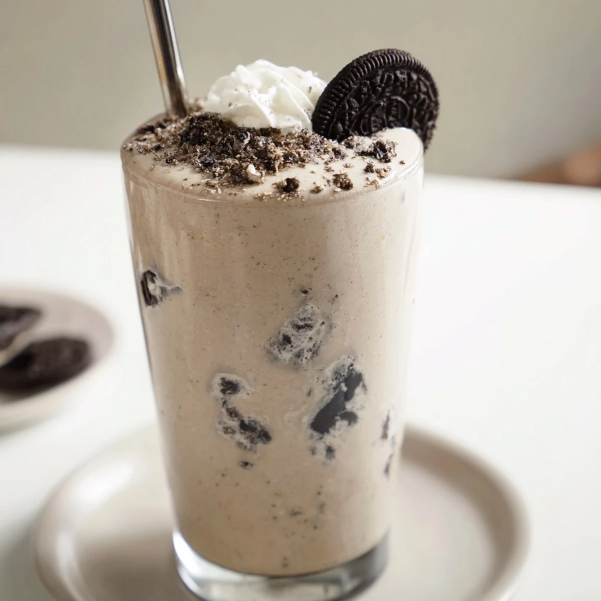 Cold Cookies And Cream Protein Shake topped with whipped cream and crushed cookies