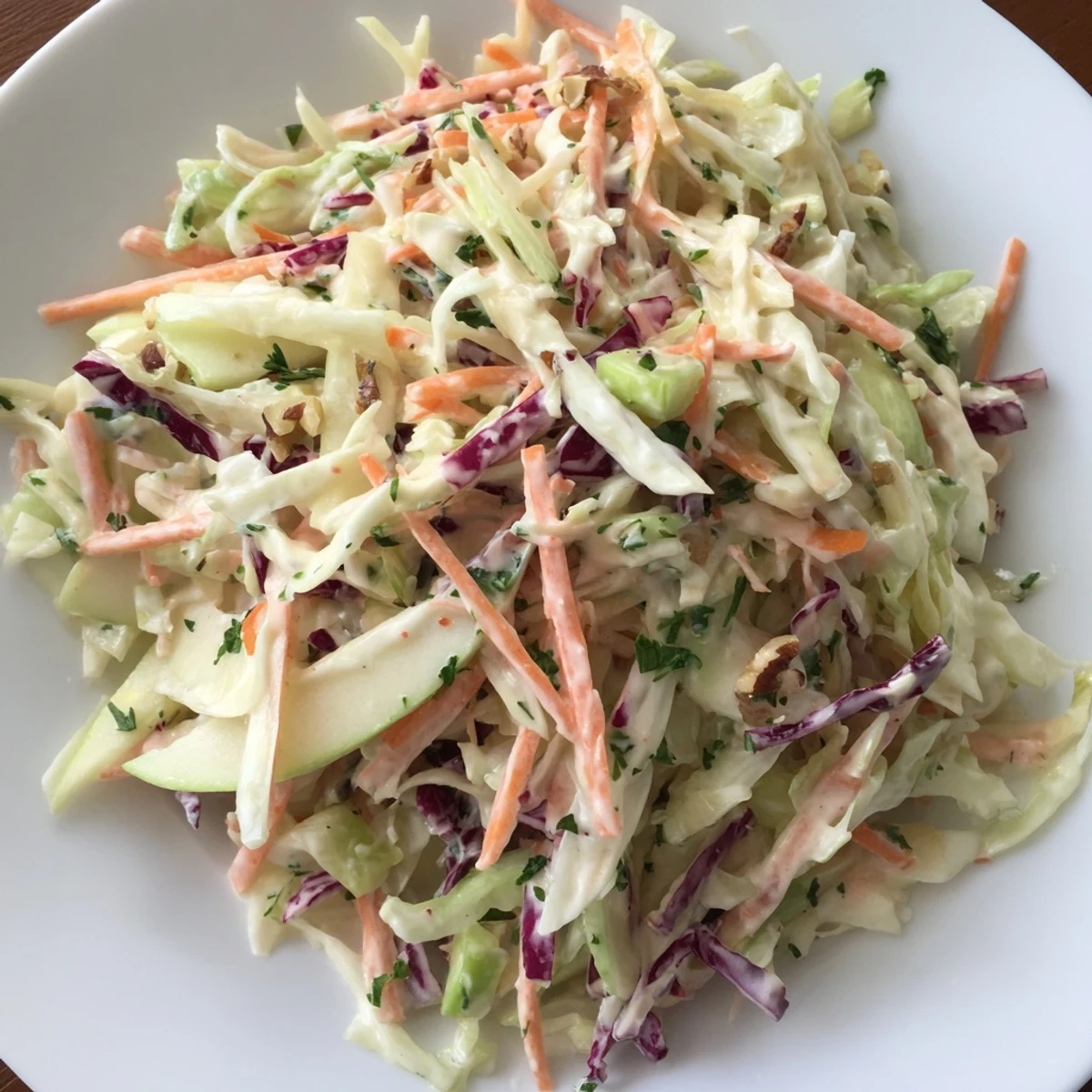 Apple Coleslaw with crunchy cabbage and tart apple matchsticks, picnic-ready.