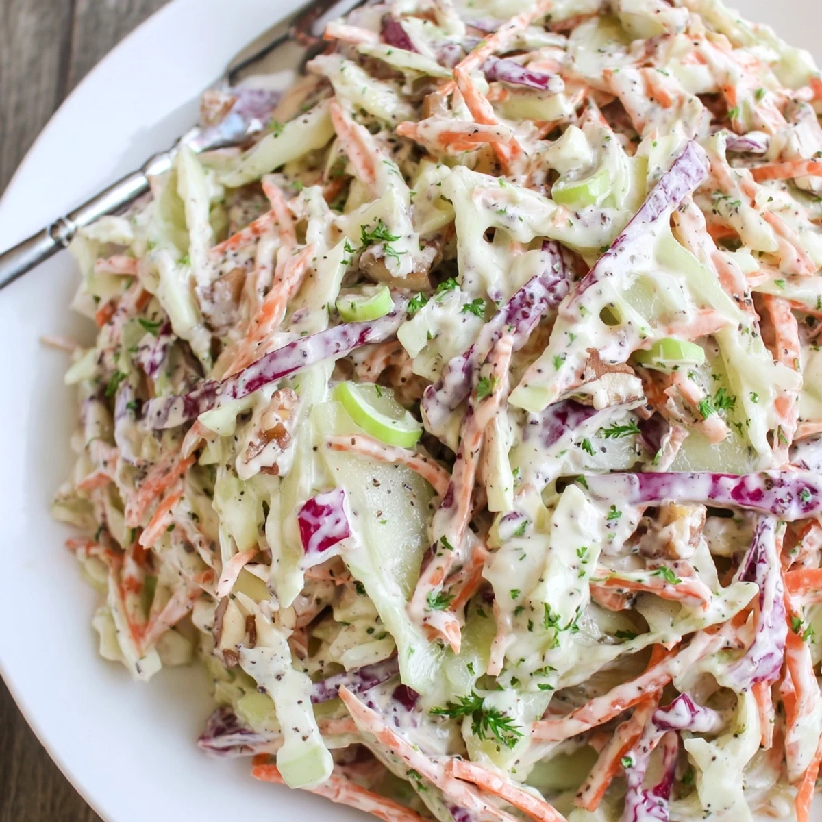 Bright Apple Coleslaw tossed in tangy honey-Dijon dressing, served chilled.