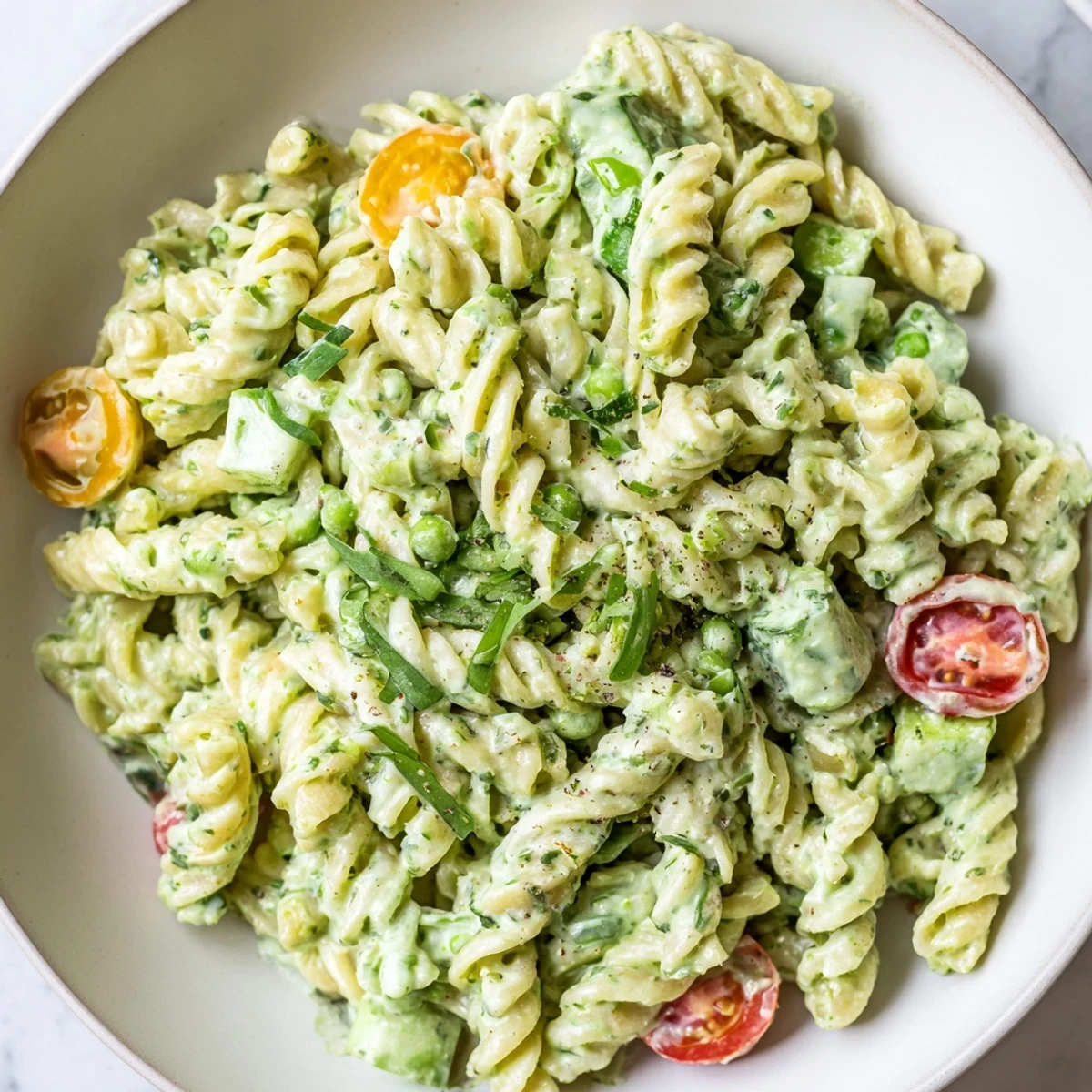 Chilled Green Goddess Pasta Salad tossed with creamy herb dressing and crisp vegetables