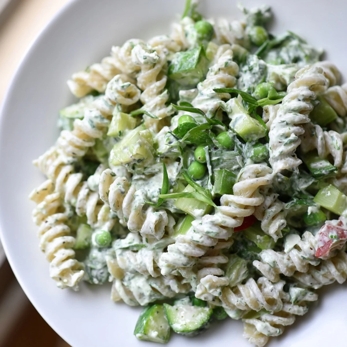 Summer-ready Green Goddess Pasta Salad garnished with basil, avocado, and lemony brightness