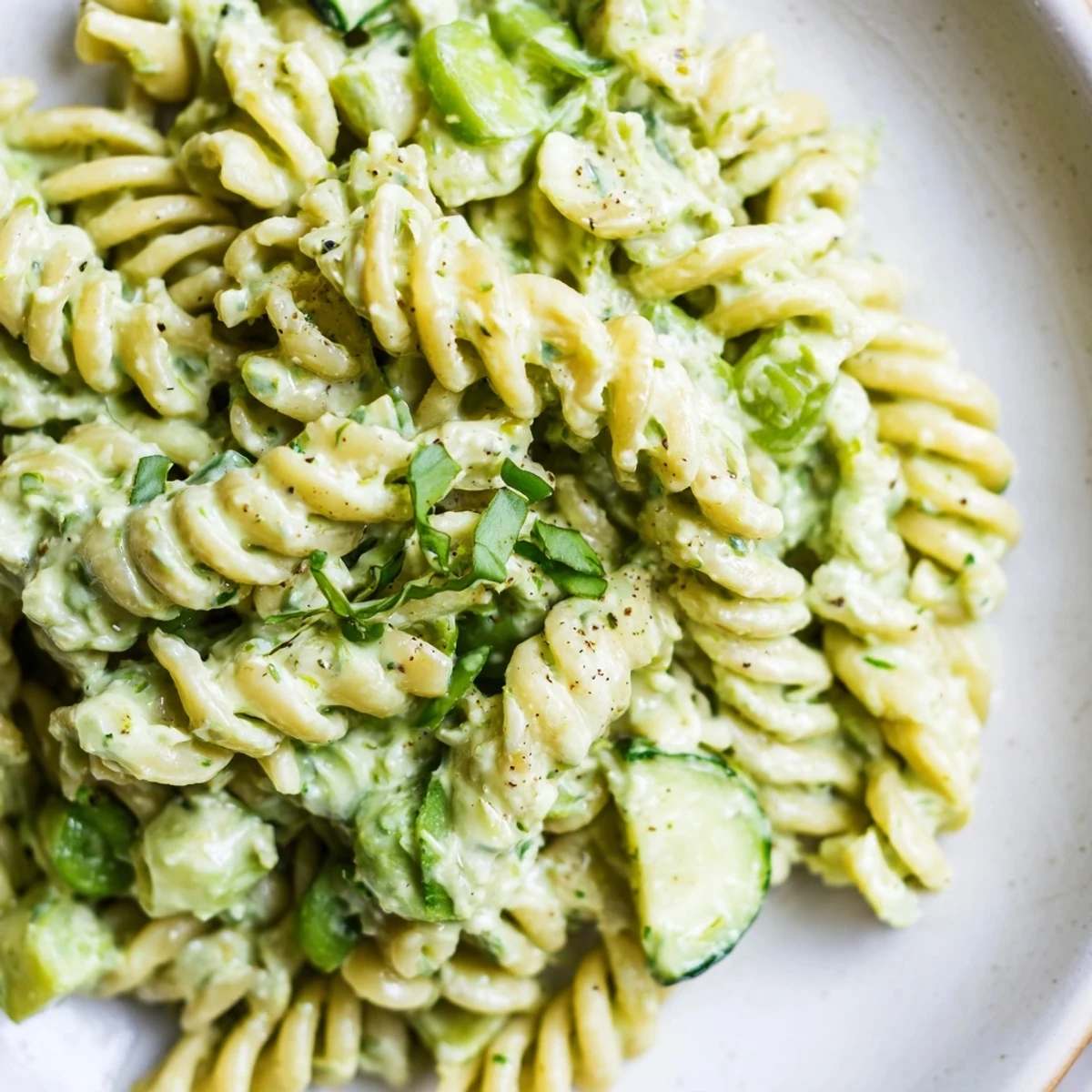 Forkful of Green Goddess Pasta Salad showing vibrant herbs, tomatoes, creamy dressing
