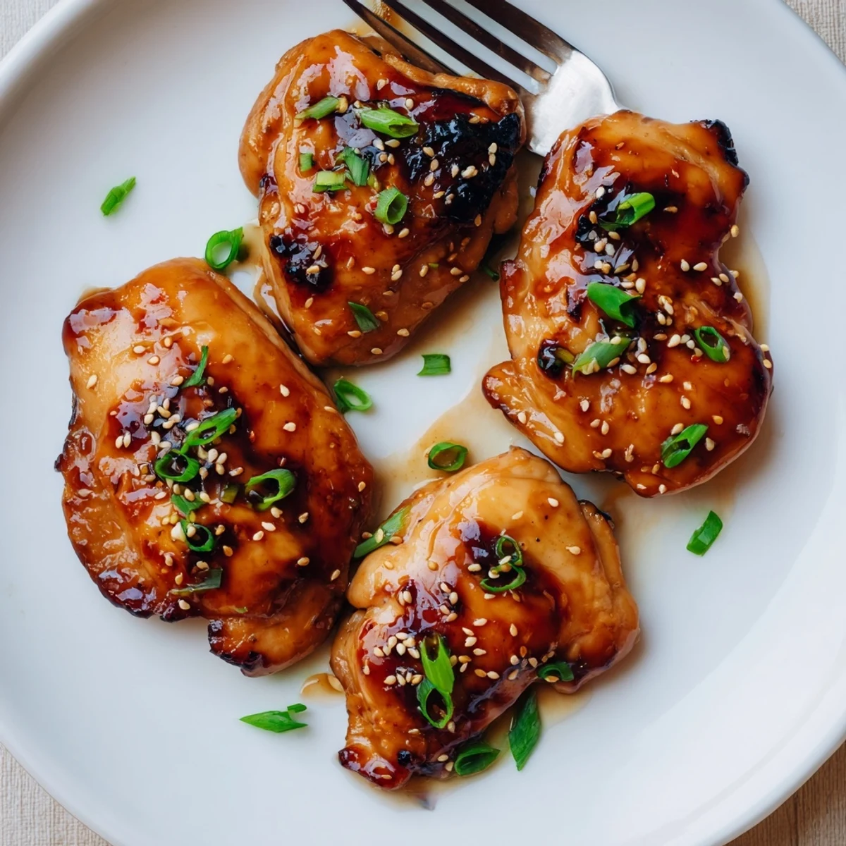 Sizzling Honey Soy Chicken thighs in skillet, aromatic garlic-ginger glaze