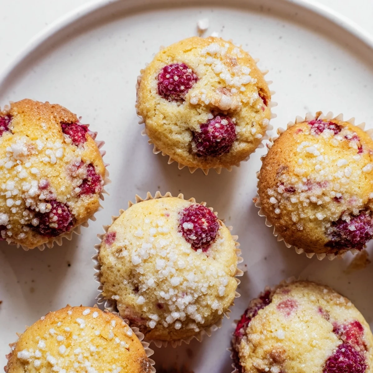 Golden raspberry lemon ricotta muffins topped with coarse sugar on a wire cooling rack
