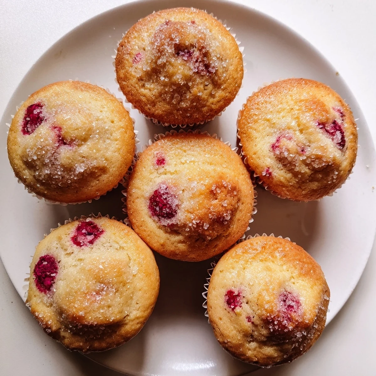 Baked raspberry lemon ricotta muffins with fruit visible in the tender crumb