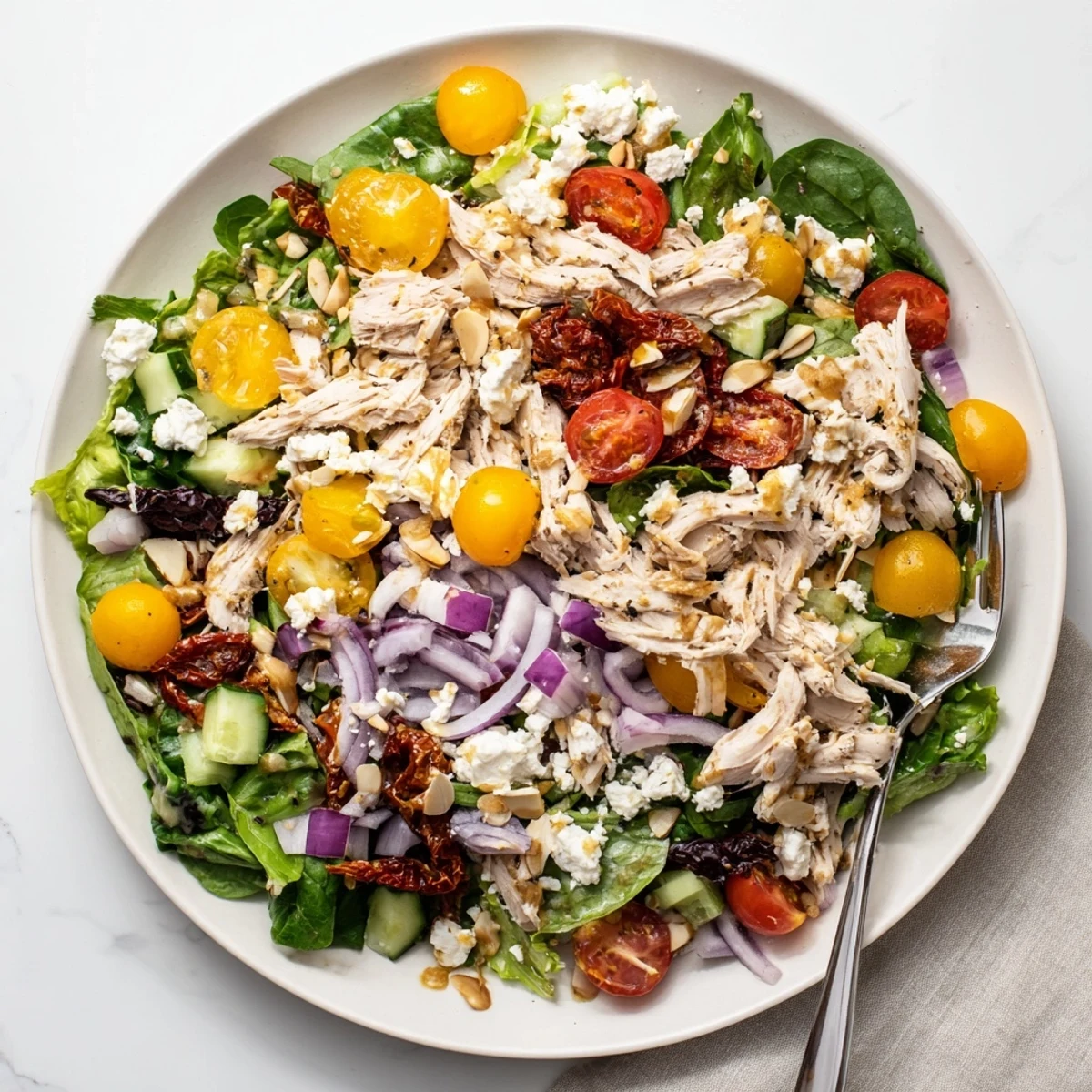 Golden sun-dried tomato chicken salad plated with mixed greens, red onion, and crumbled feta cheese