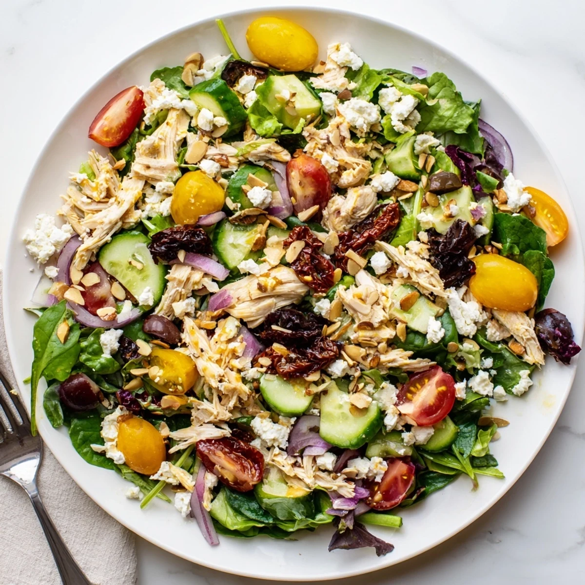 Fresh Mediterranean sun-dried tomato chicken salad featuring tender chicken, crisp vegetables, and tangy dressing
