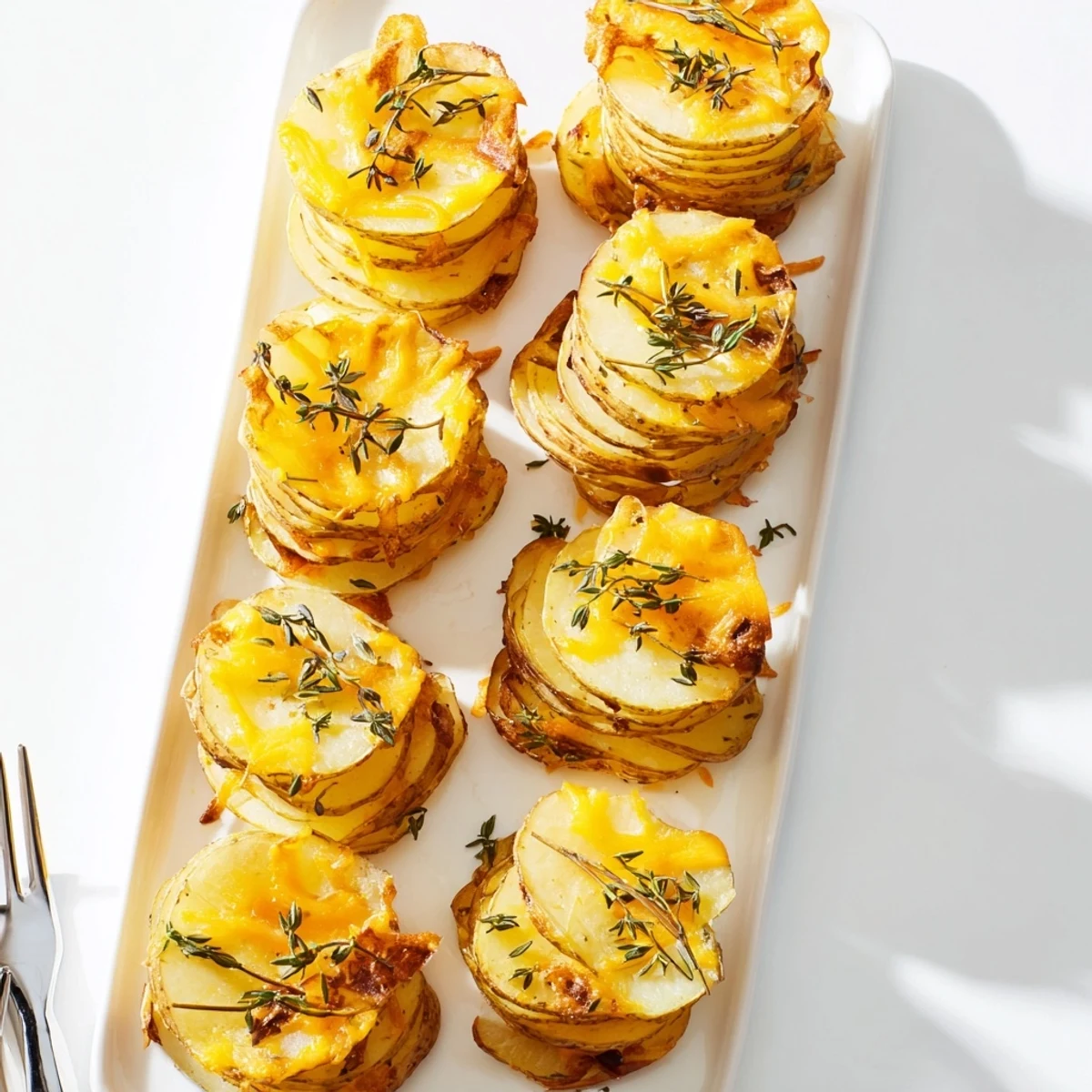 Golden brown cheese scalloped potato stacks arranged in a muffin tin with melted cheddar and gruyère