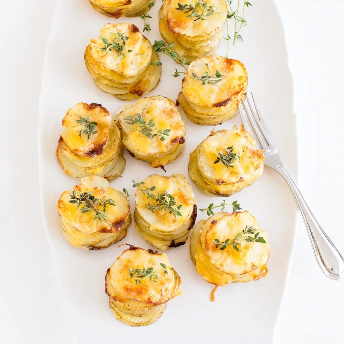 Individual cheese scalloped potato stacks featuring tender layered potatoes with crispy golden edges and fresh thyme garnish