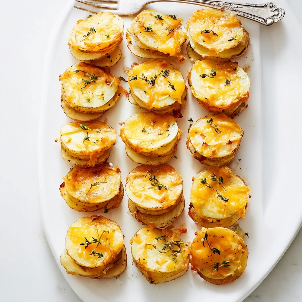Baked cheese scalloped potato stacks with bubbling cheese sauce and perfectly portioned layers in a muffin pan
