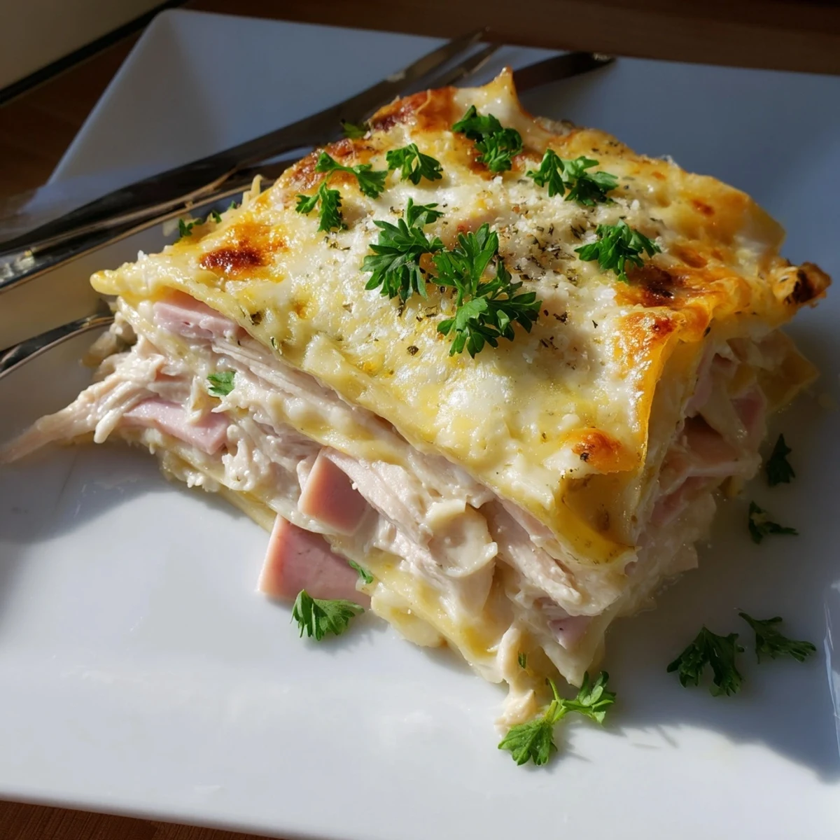 Sliced chicken cordon bleu lasagna serving revealing tender pasta, shredded chicken, and savory ham filling