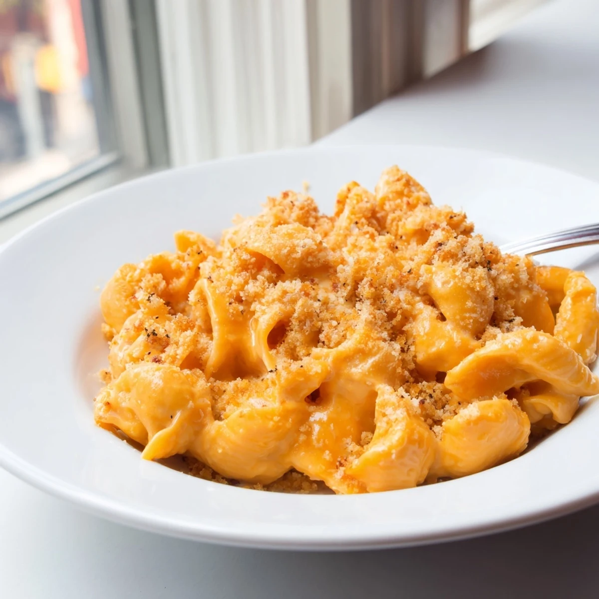 Golden homemade mac and cheese featuring creamy cheddar sauce coating tender elbow pasta