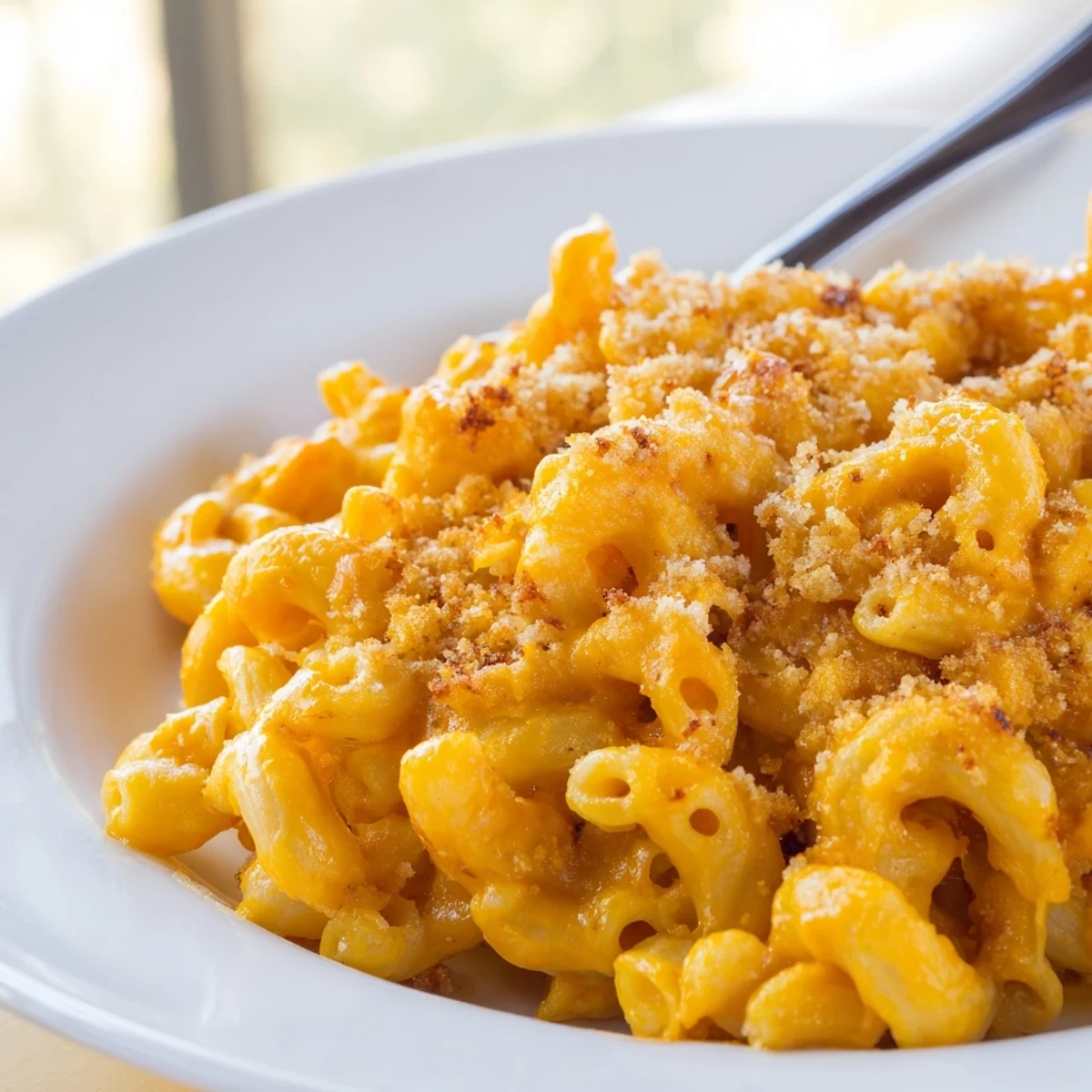 Creamy stovetop mac and cheese topped with freshly grated sharp cheddar cheese melting over pasta