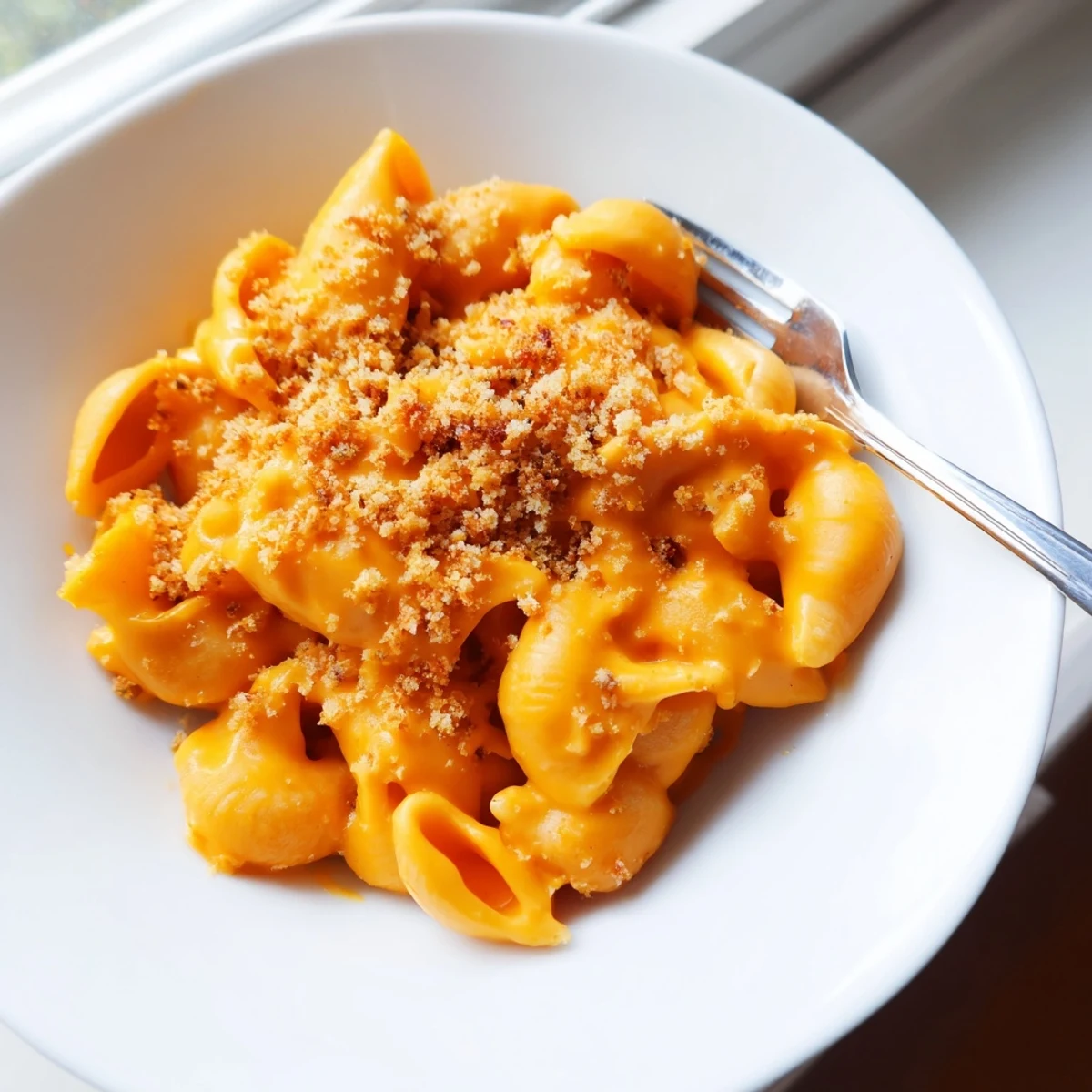 Baked mac and cheese casserole with bubbling cheese sauce and buttery breadcrumb topping