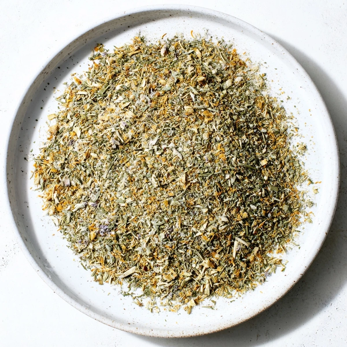 Homemade dehydrated tzatziki seasoning mix sprinkled over Greek yogurt dip with fresh herbs
