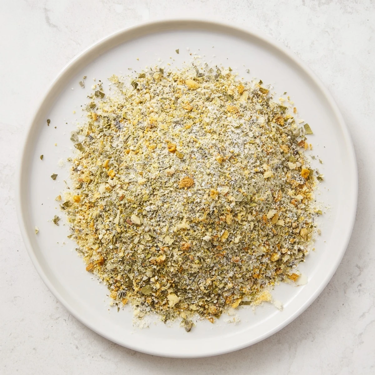 Close-up of green tzatziki seasoning powder dusted on roasted vegetables and pita chips