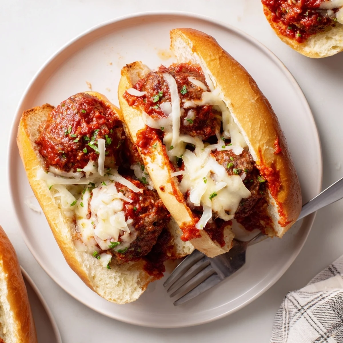 Golden cheesy meatball subs loaded with marinara and mozzarella on toasted garlic rolls