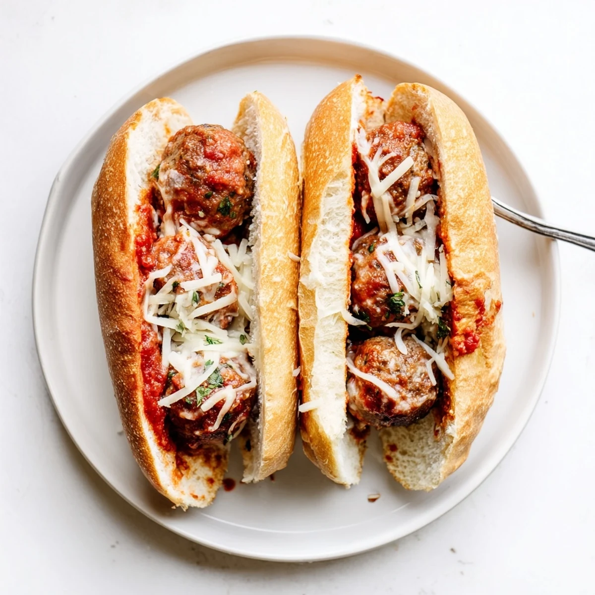 Comfort food classic featuring beef meatballs and gooey mozzarella cheese in warm sub sandwiches