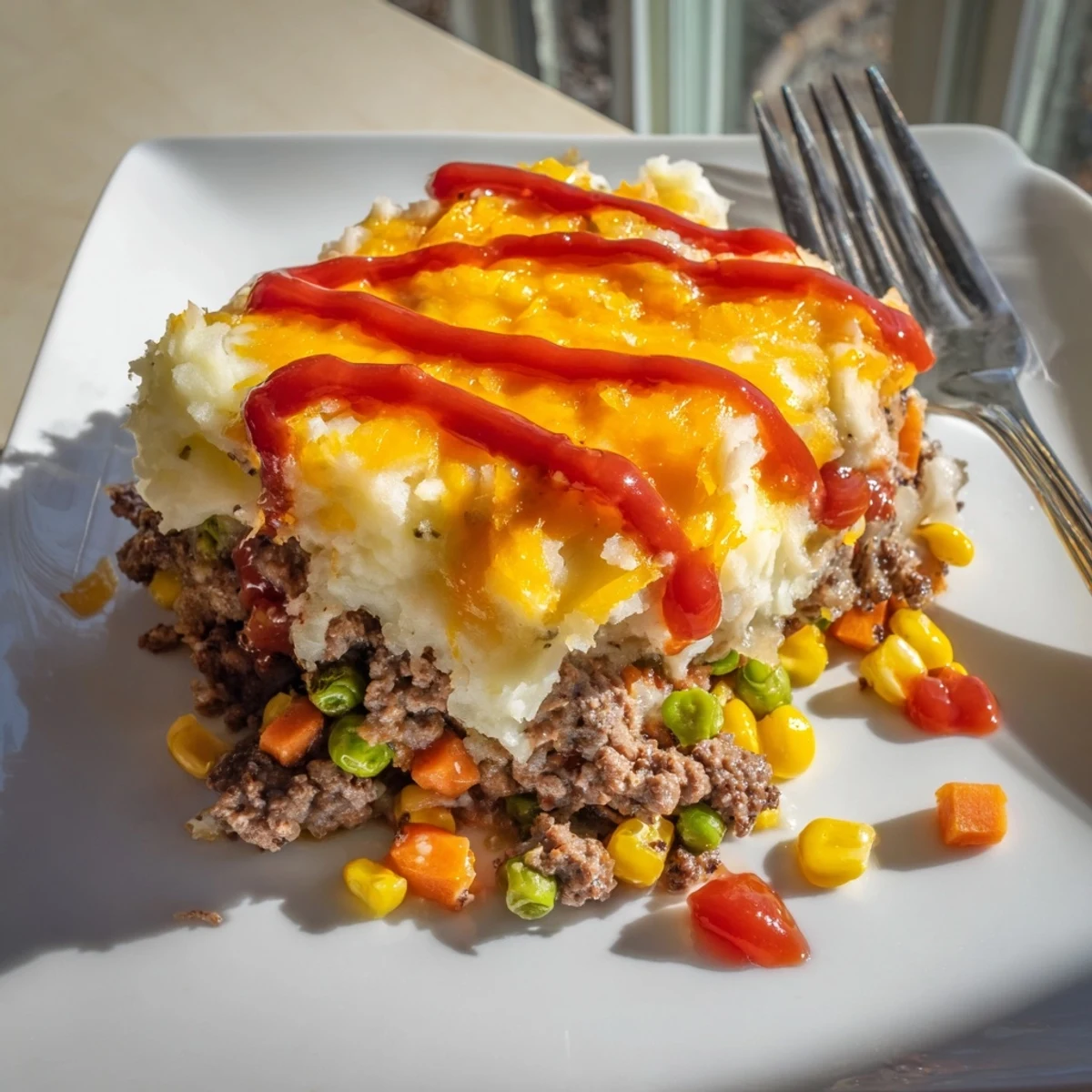 Golden bubbly meatloaf casserole with creamy mashed potato layer and melted cheddar topping