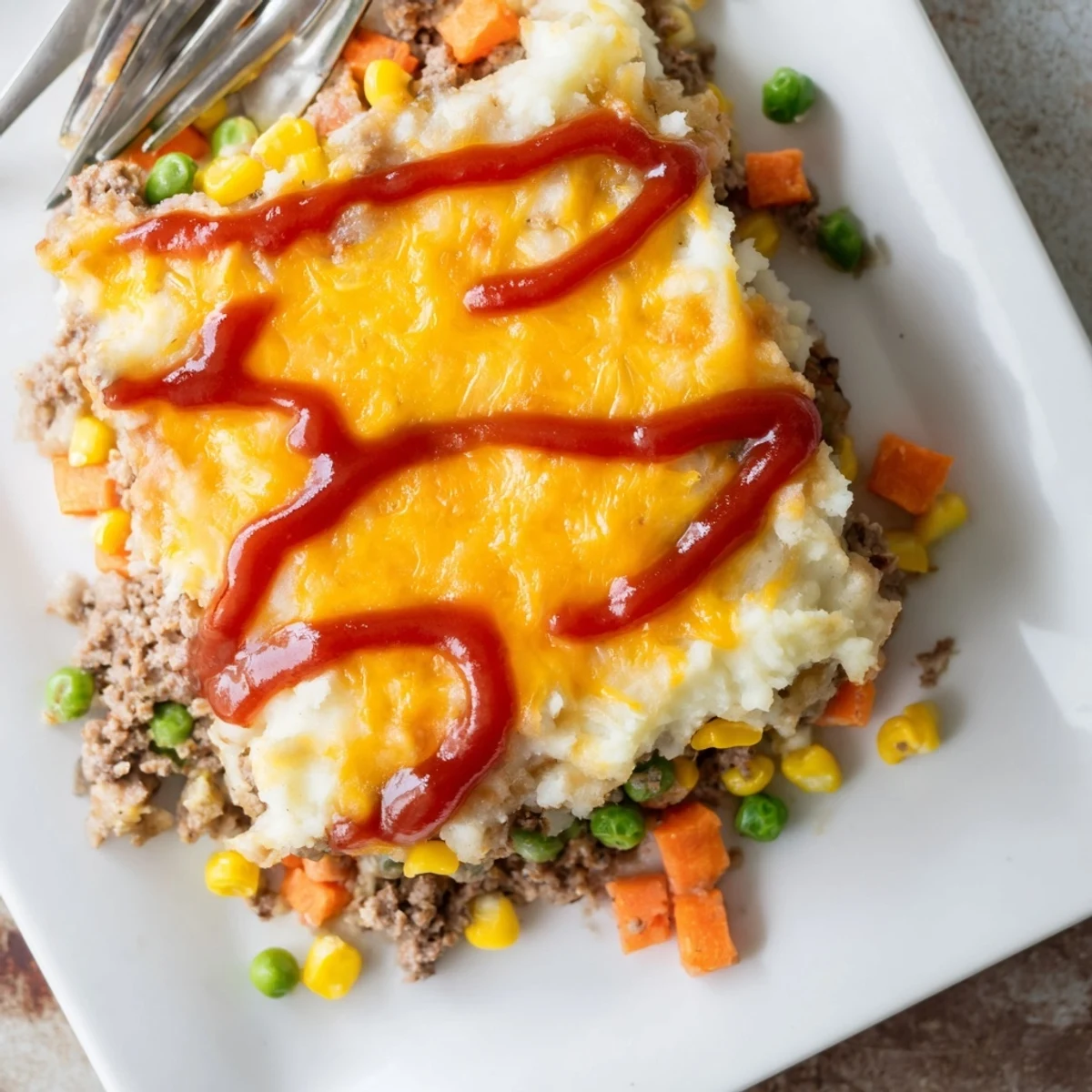 Hearty meatloaf casserole cross section revealing ground beef vegetables and fluffy mashed potato layers