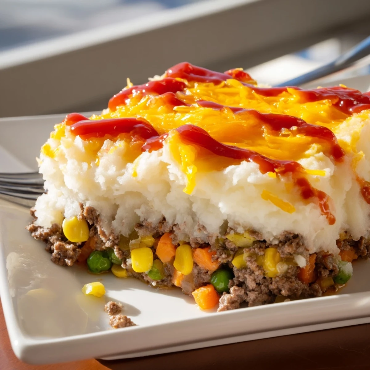 Comforting meatloaf casserole fresh from oven with steam rising from golden mashed potato topping
