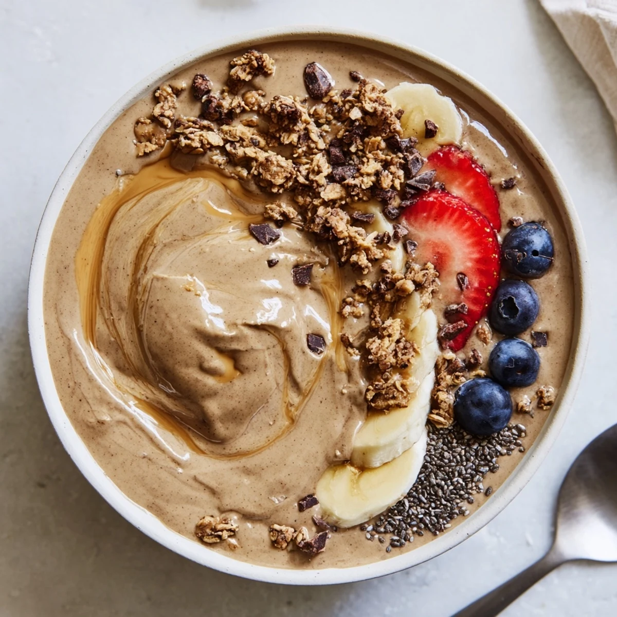Energizing morning Coffee Protein Smoothie Bowl Recipe with almond butter and cacao nibs