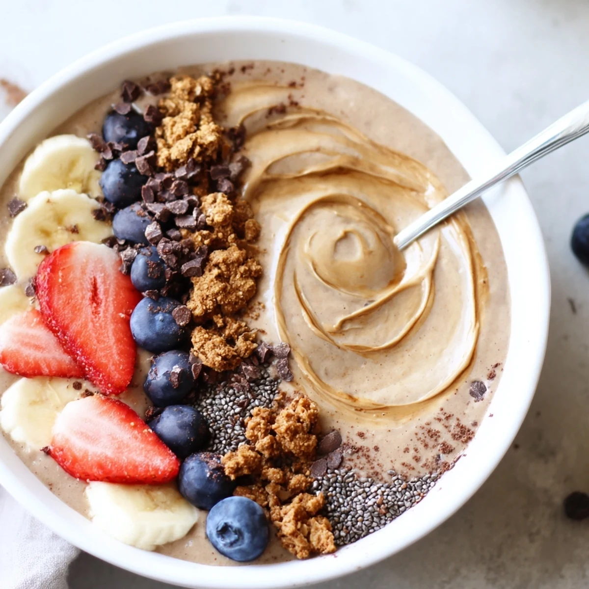 Cold Coffee Protein Smoothie Bowl Recipe swirled thick, garnished with banana slices  