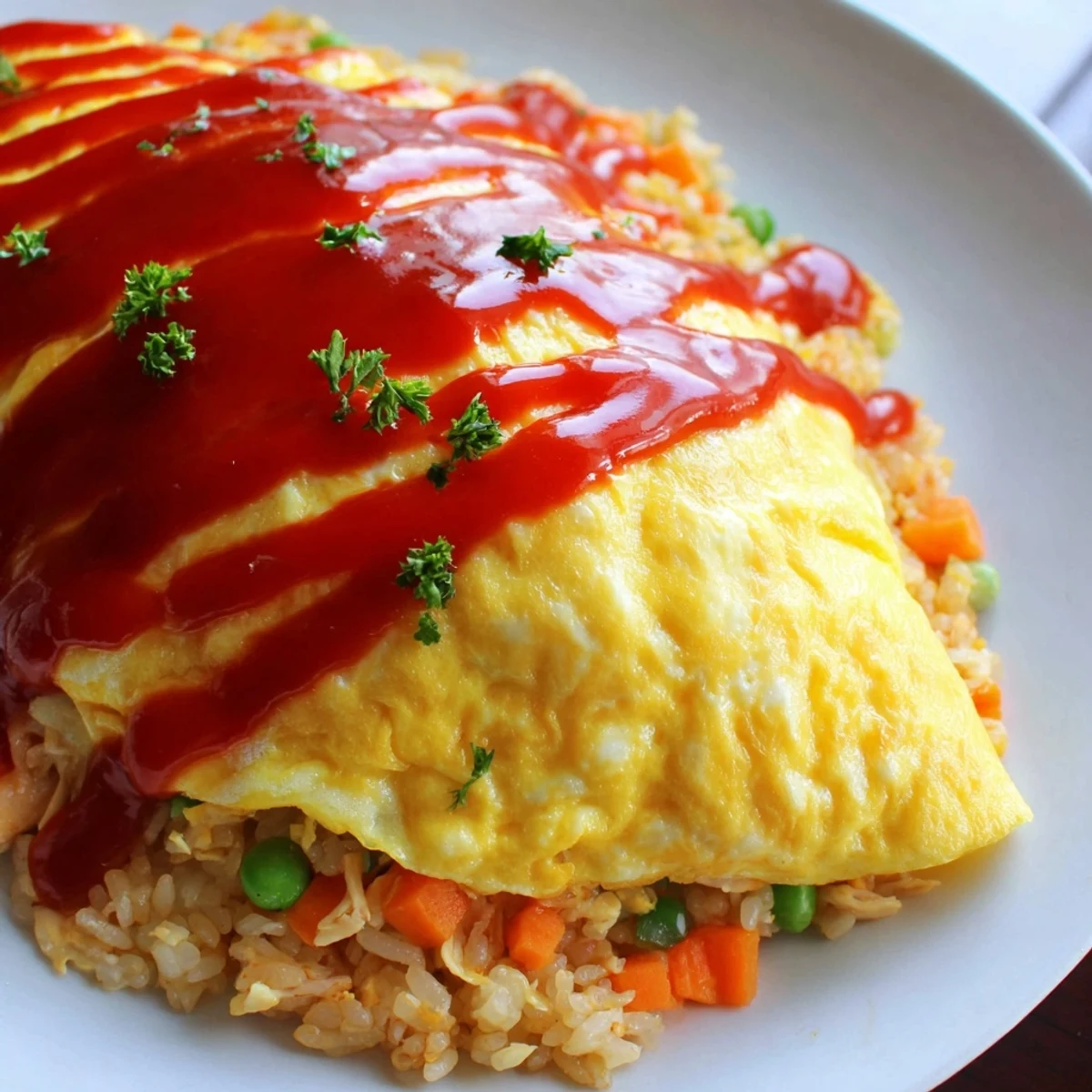 Golden omurice wrapped in a fluffy omelette and drizzled with ketchup on a white plate
