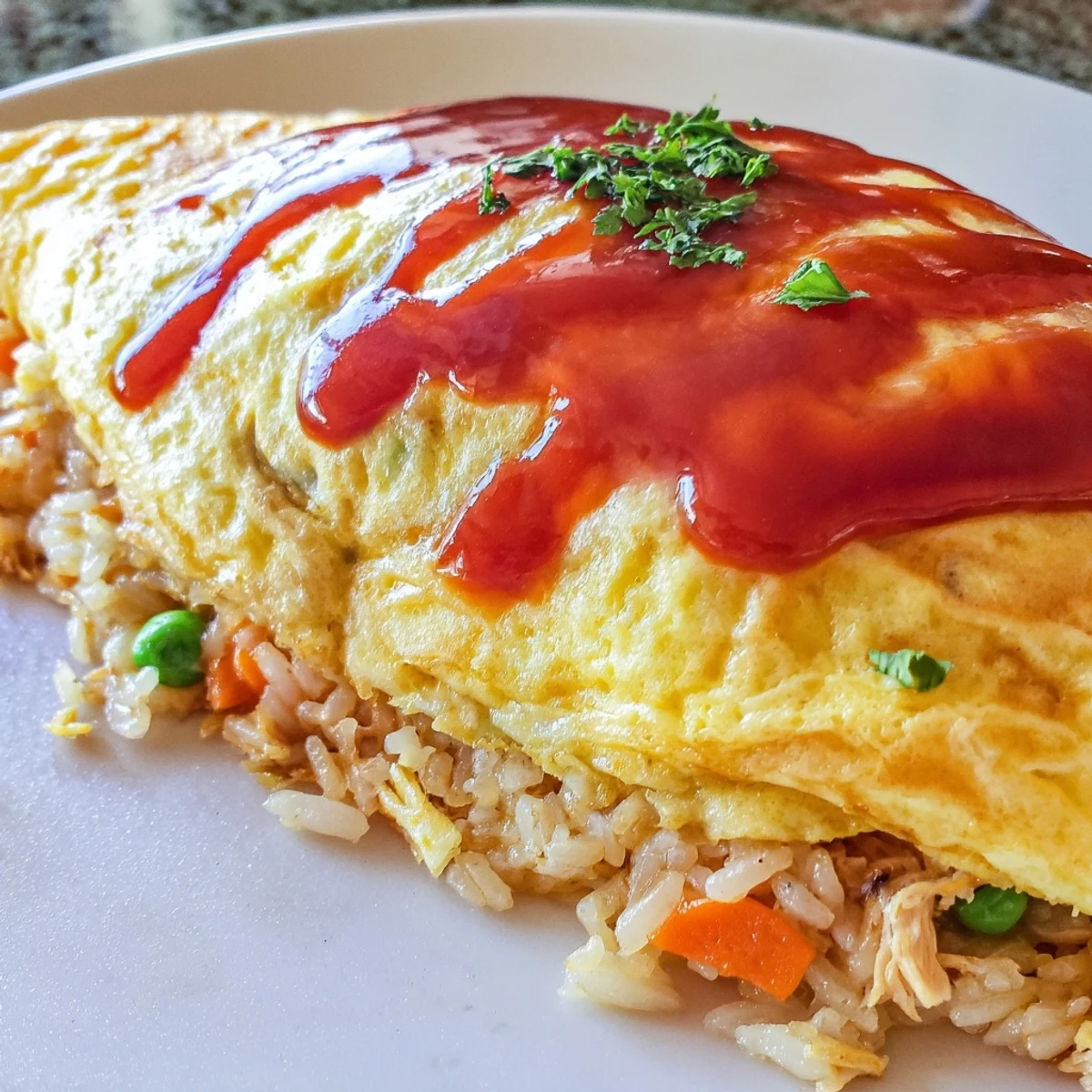 Omurice served fresh from the skillet with a tender egg blanket over savory fried rice