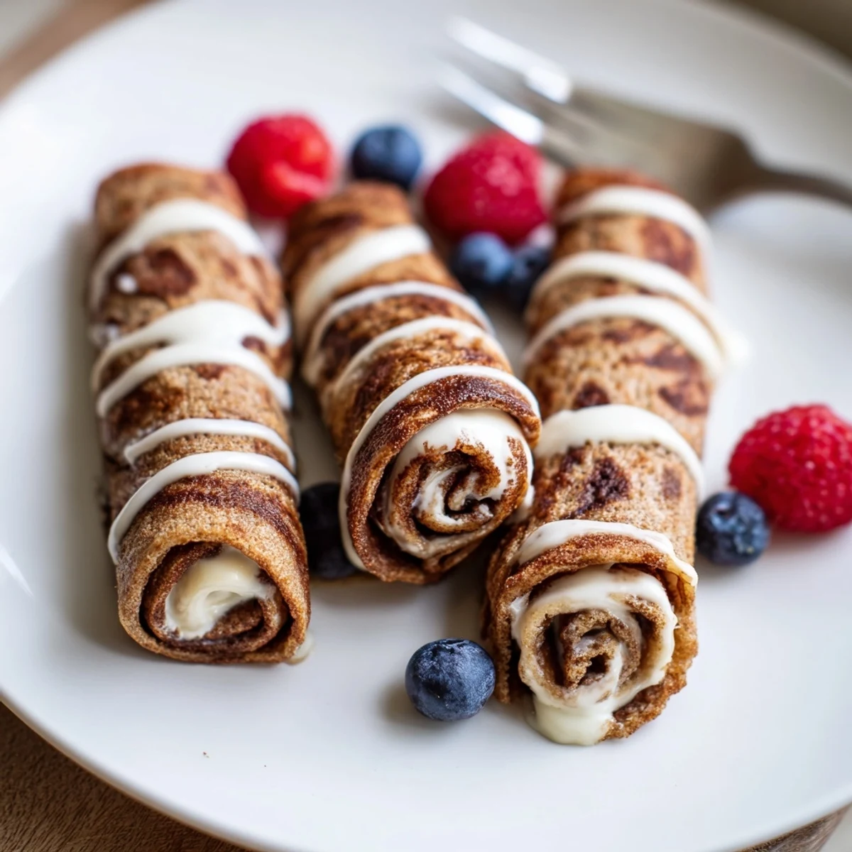 Thin Cinnamon Roll Protein Crepes cooked golden in skillet, served warm