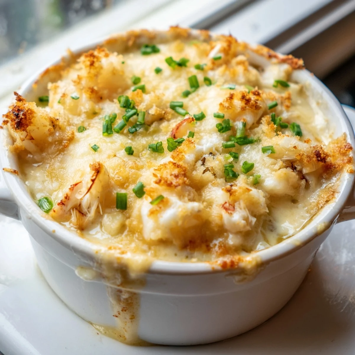 Golden bubbling cheesy jumbo lump crab au gratin fresh from the oven in a ceramic baking dish