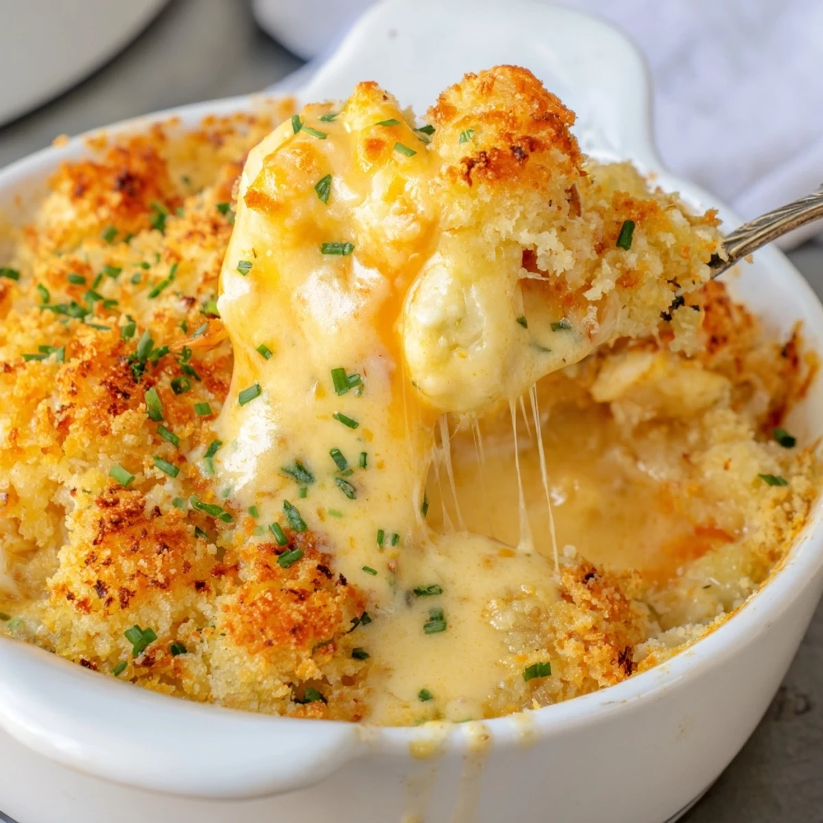 Creamy cheesy jumbo lump crab au gratin with a crispy panko Parmesan topping served steaming hot