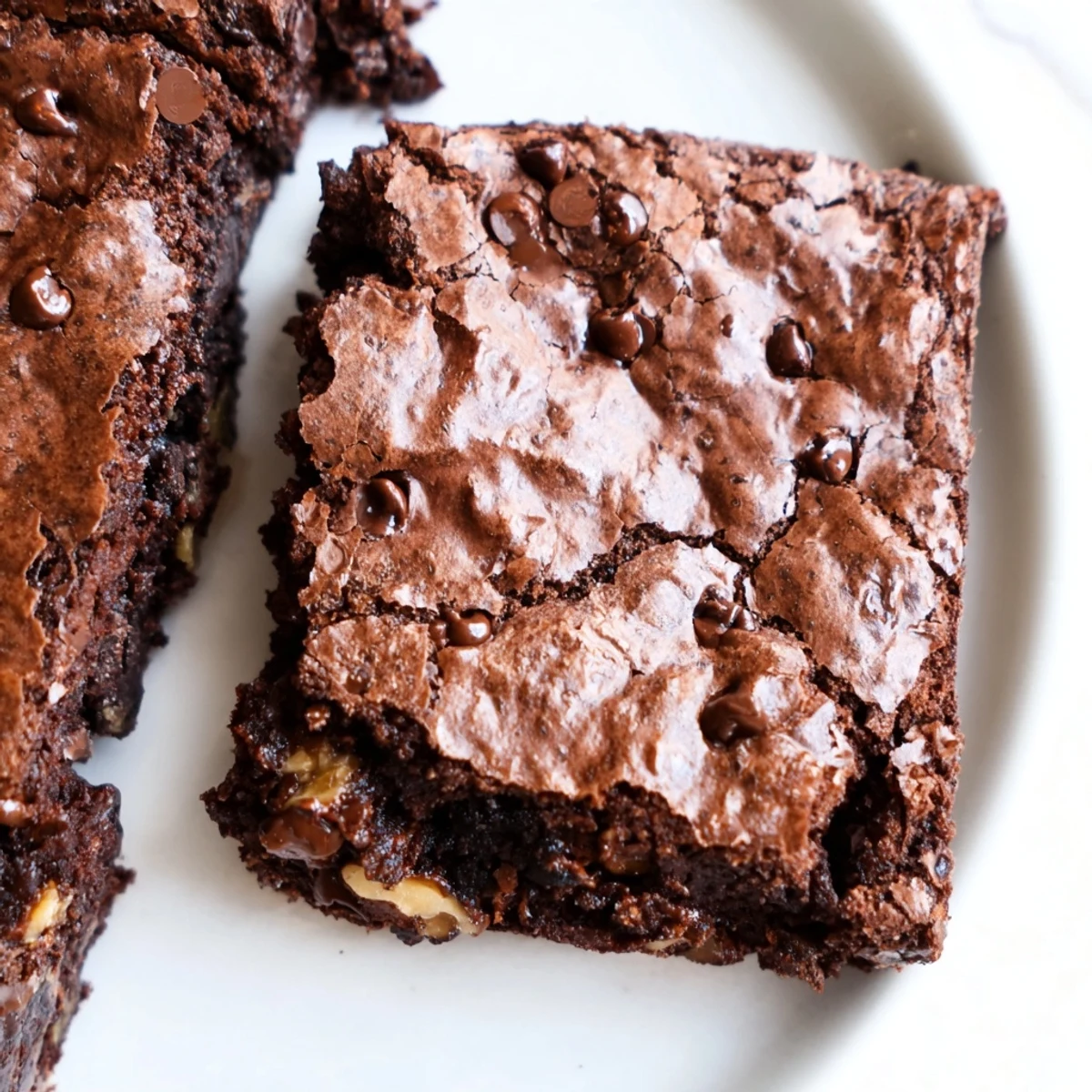 Freshly baked brownies cut into squares, topped with a crinkly golden crust