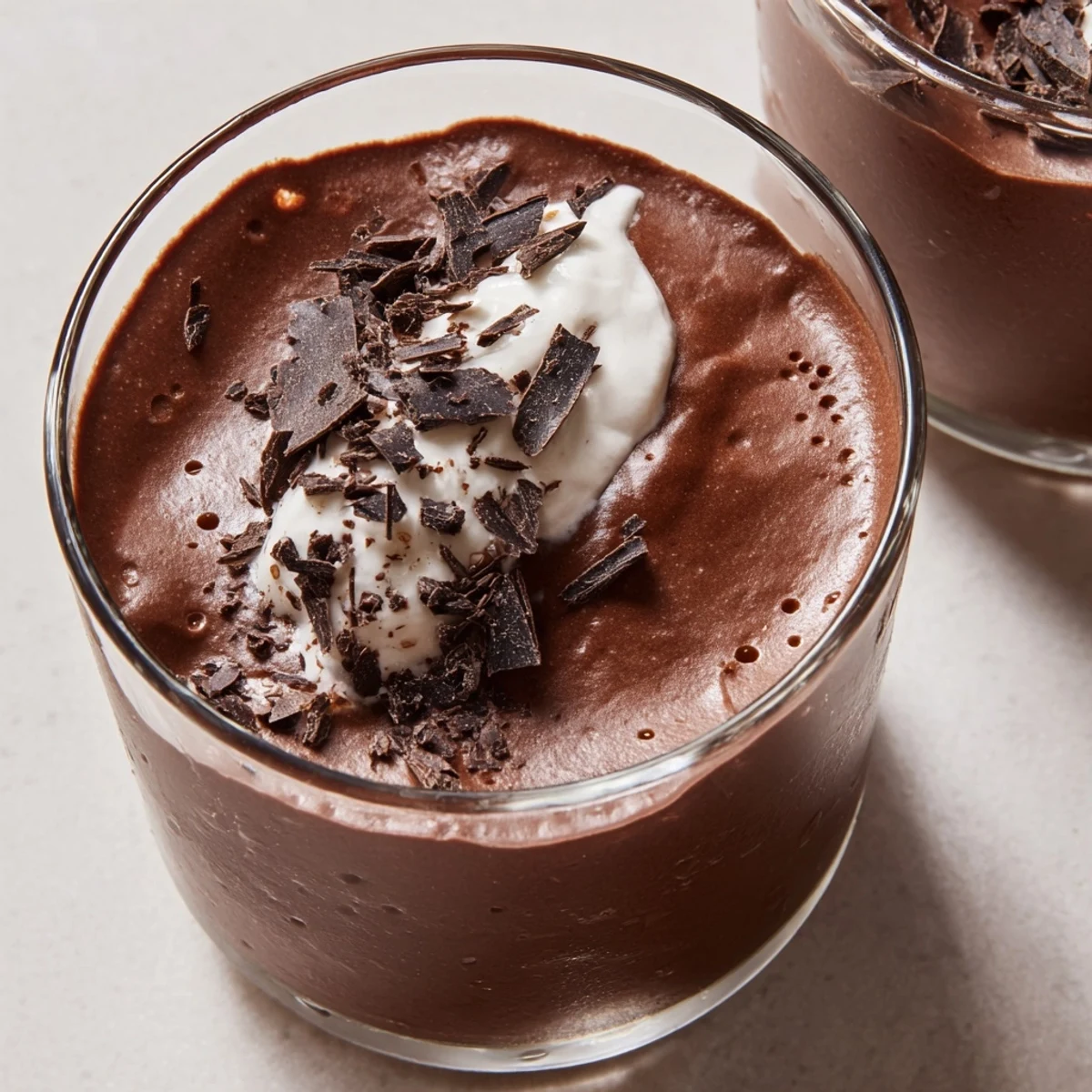 Creamy chocolate mousse topped with whipped cream in elegant glass cups