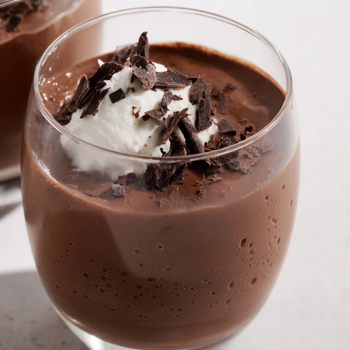 Velvety chocolate mousse served chilled with a dollop of fluffy whipped cream