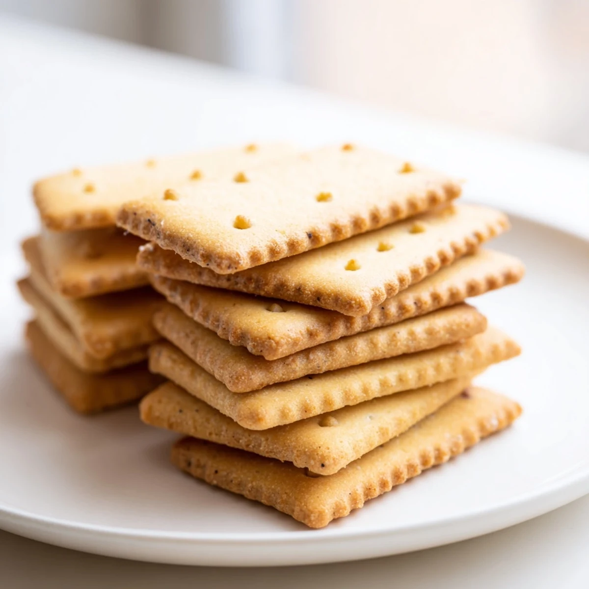 Classic Petit Beurre shortbread cookies stacked beside a steaming cup of tea