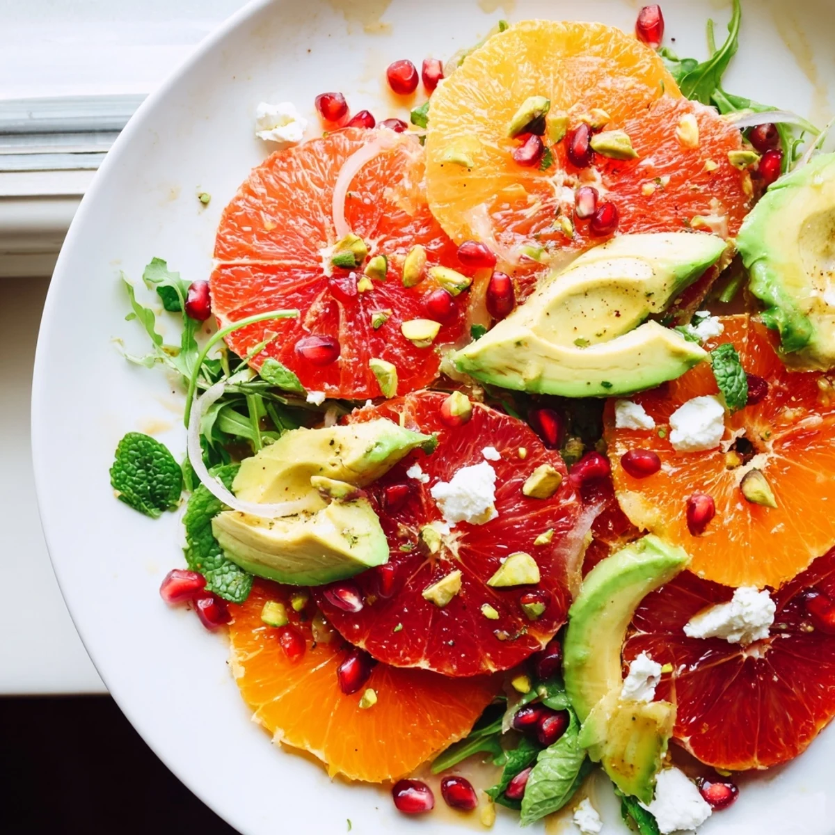Bright citrus salad with pomegranate seeds, creamy avocado slices, and crumbled feta on a platter
