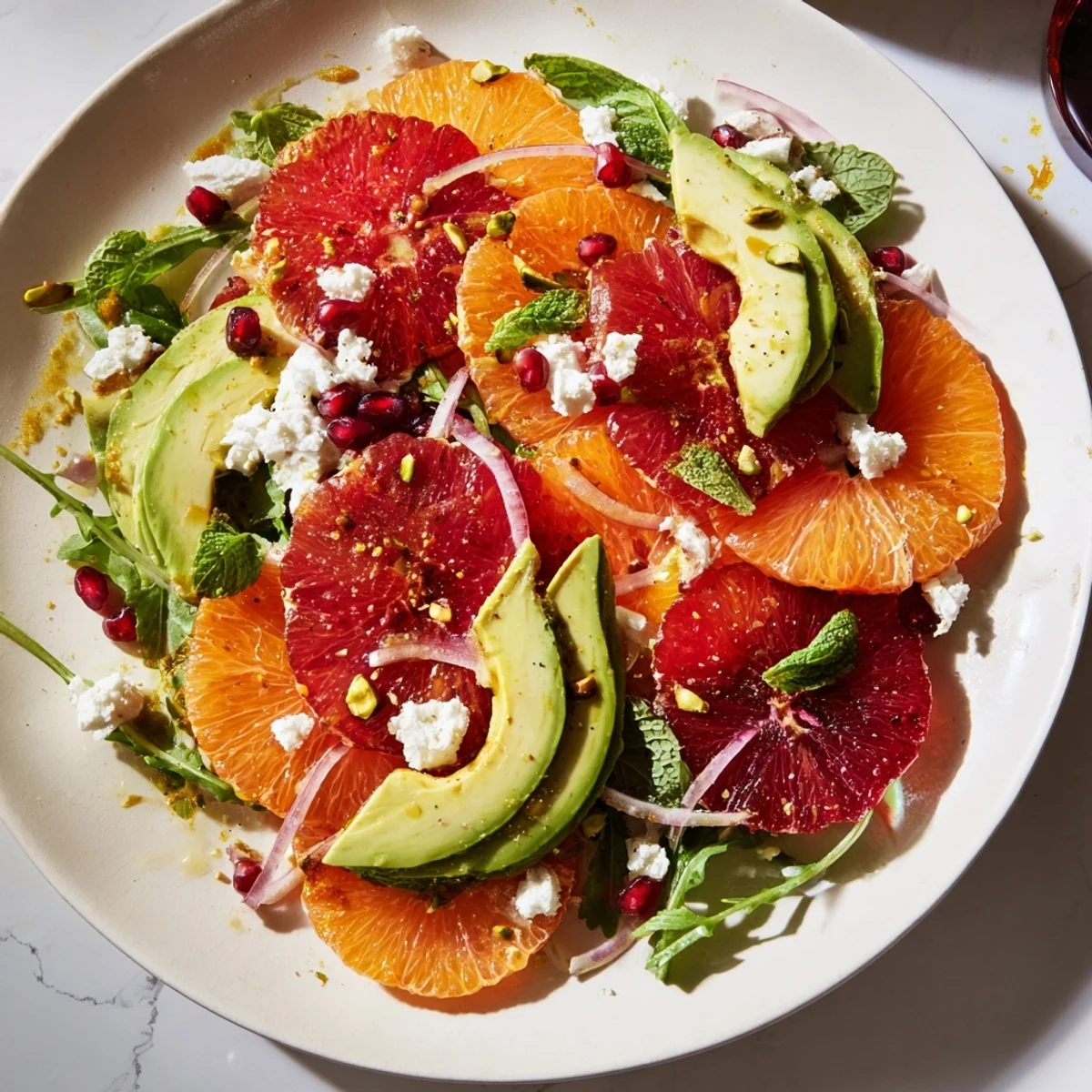 Refreshing citrus salad arranged over mixed greens with pomegranate arils, avocado, and crumbled feta