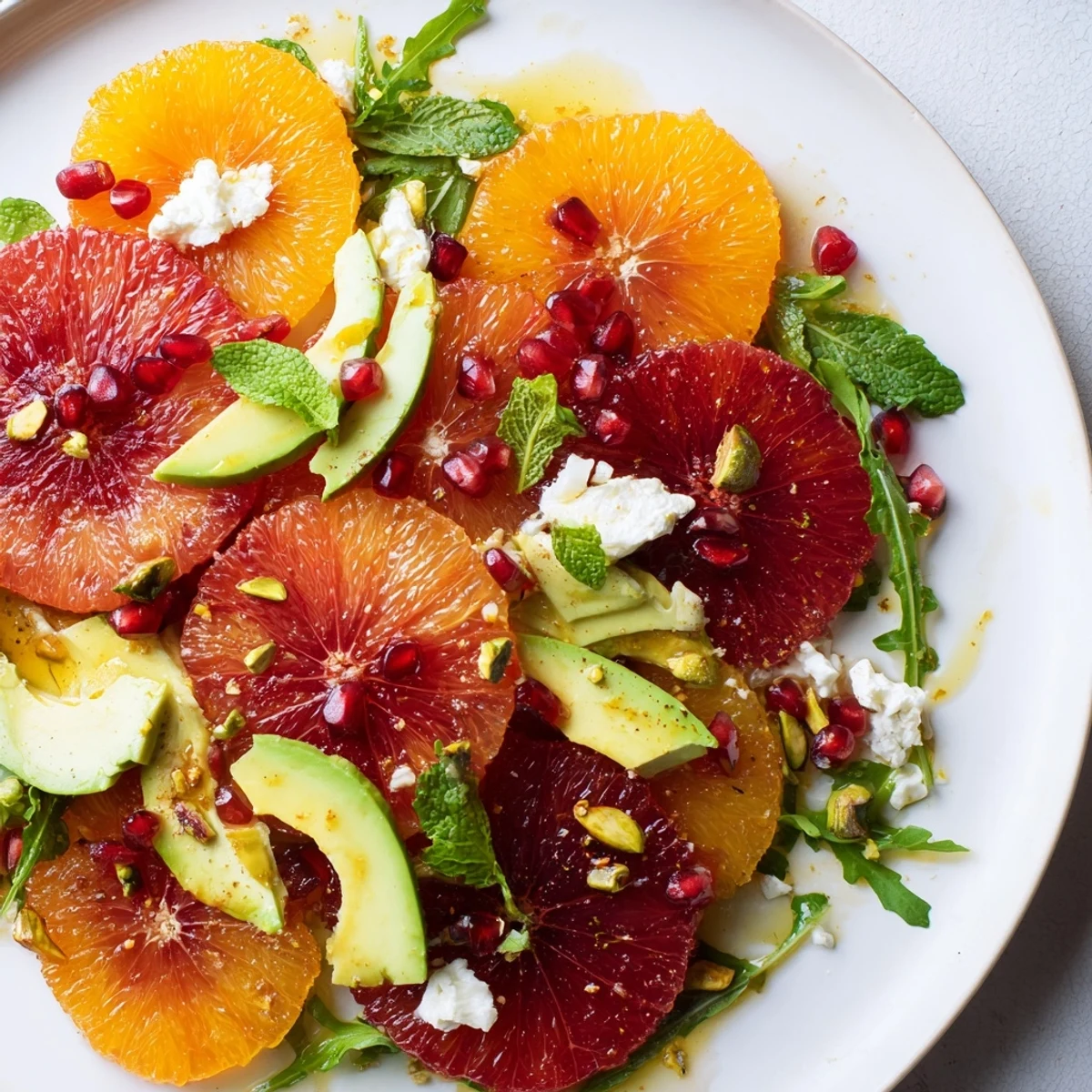 Vibrant citrus salad topped with ruby pomegranate jewels, ripe avocado, and tangy feta cheese