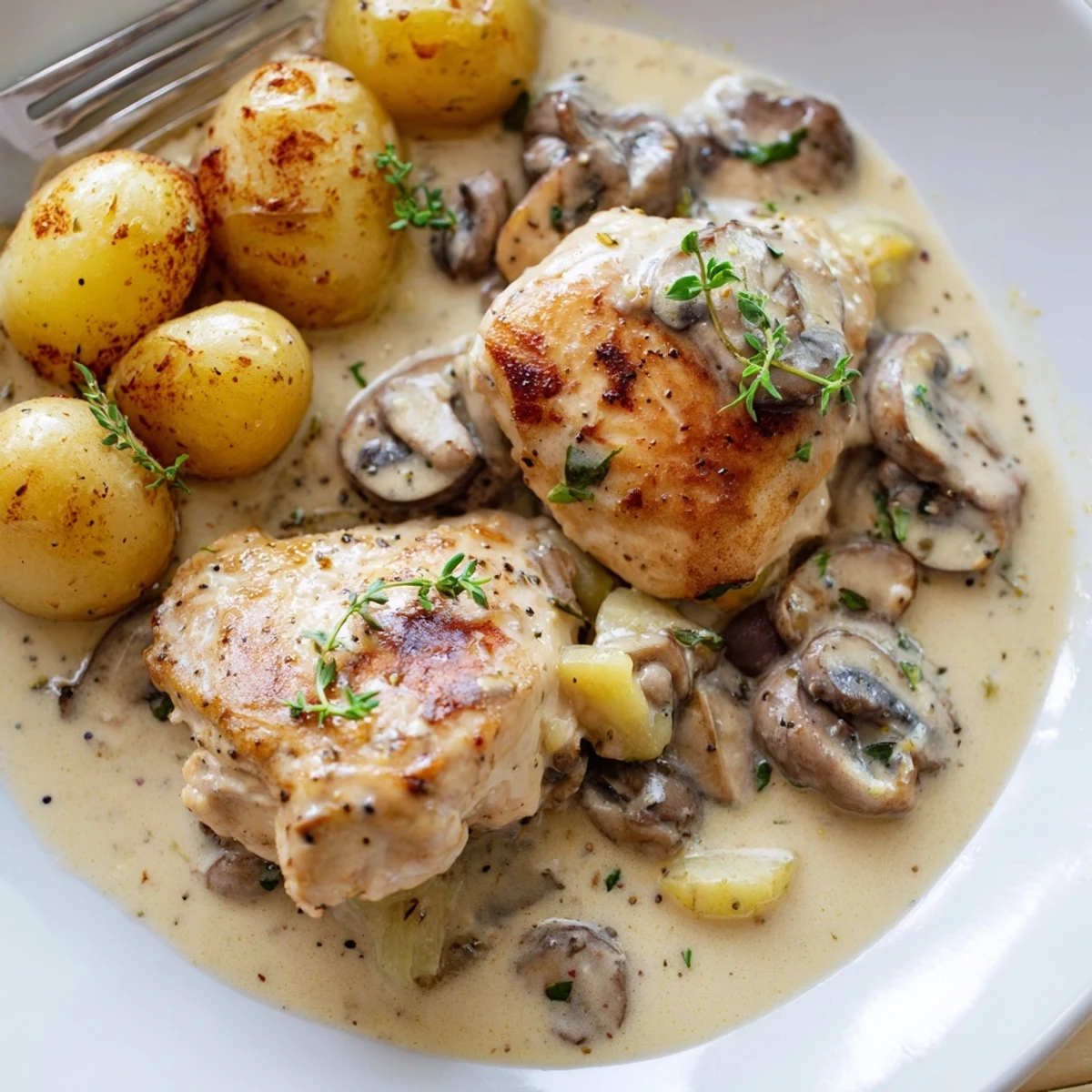 Golden creamy mushroom chicken plated with crispy herb roasted potatoes and fresh thyme garnish