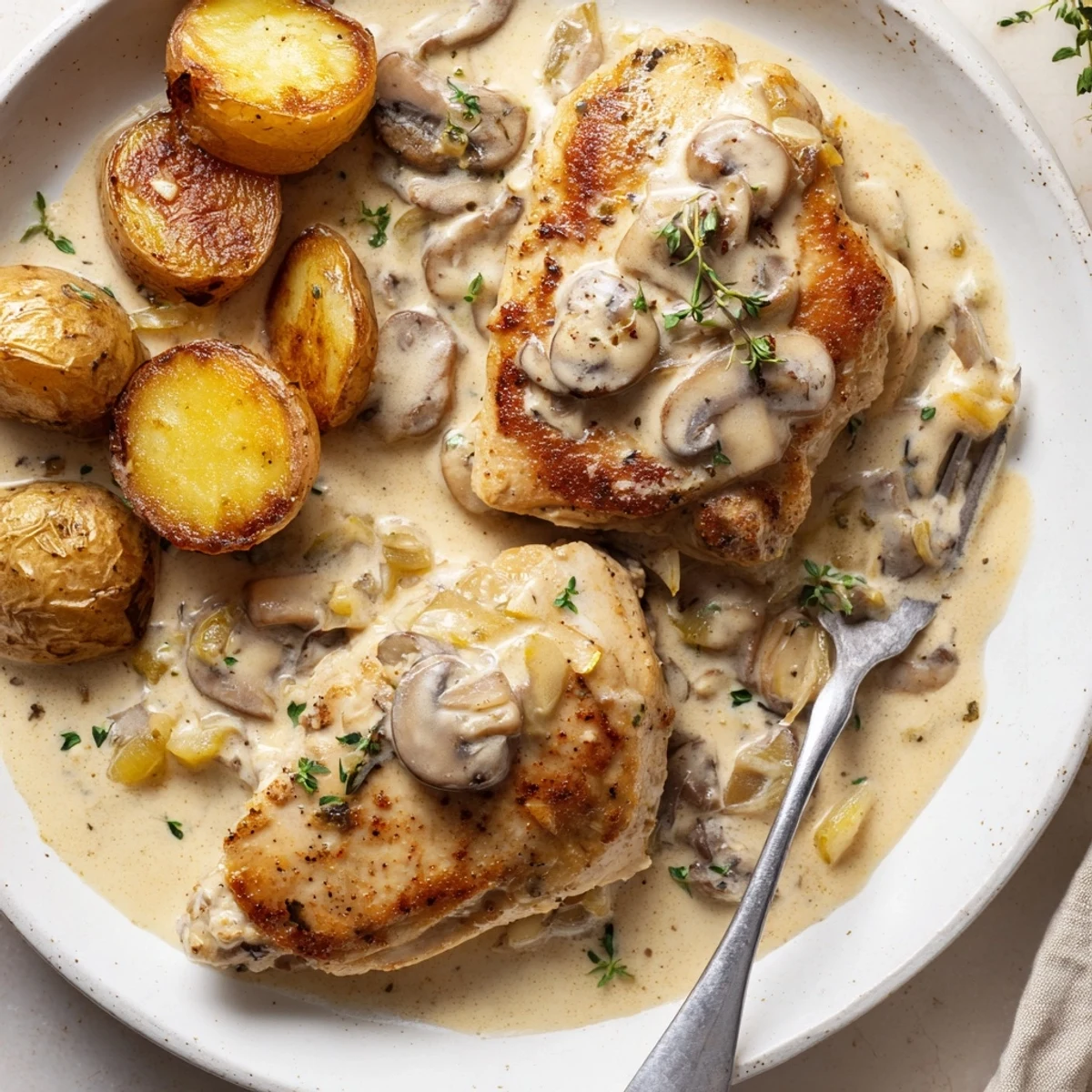 Juicy seared chicken breasts smothered in velvety mushroom cream sauce beside golden crispy potatoes