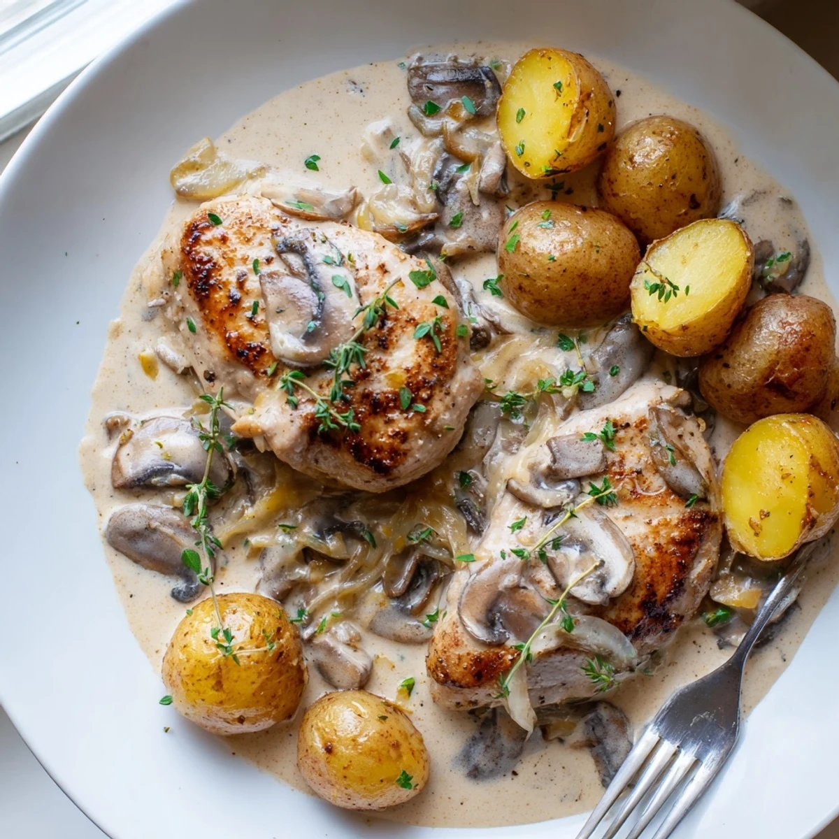 Tender creamy mushroom chicken in rich pan sauce served alongside herb roasted crispy potato halves