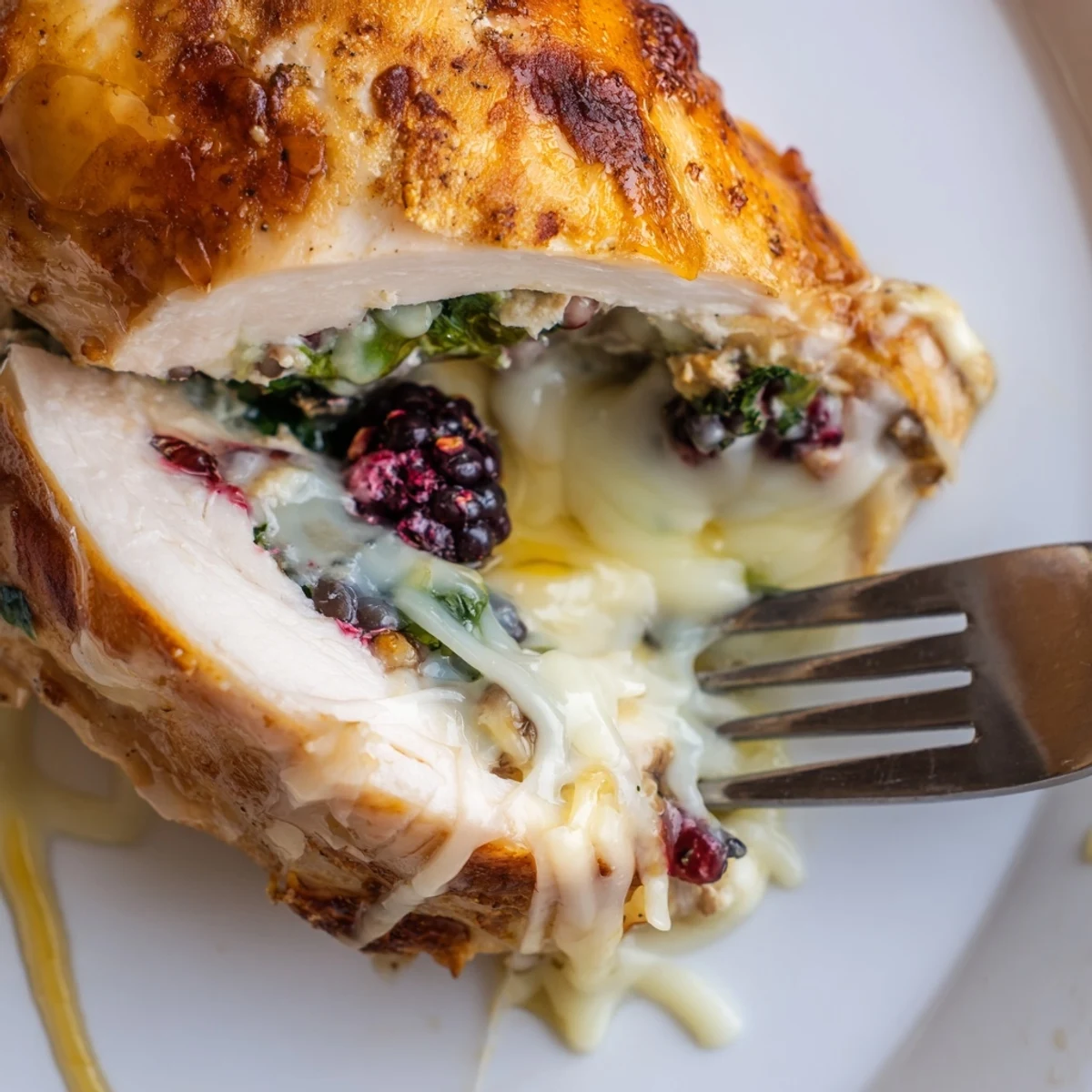 Juicy Blackberry Jalapeno Stuffed Chicken sliced open revealing vibrant purple melted berry center