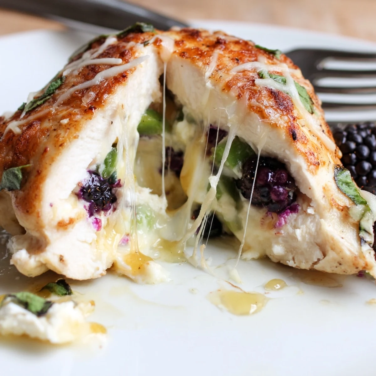 Golden baked Blackberry Jalapeno Stuffed Chicken oozing with creamy goat cheese filling