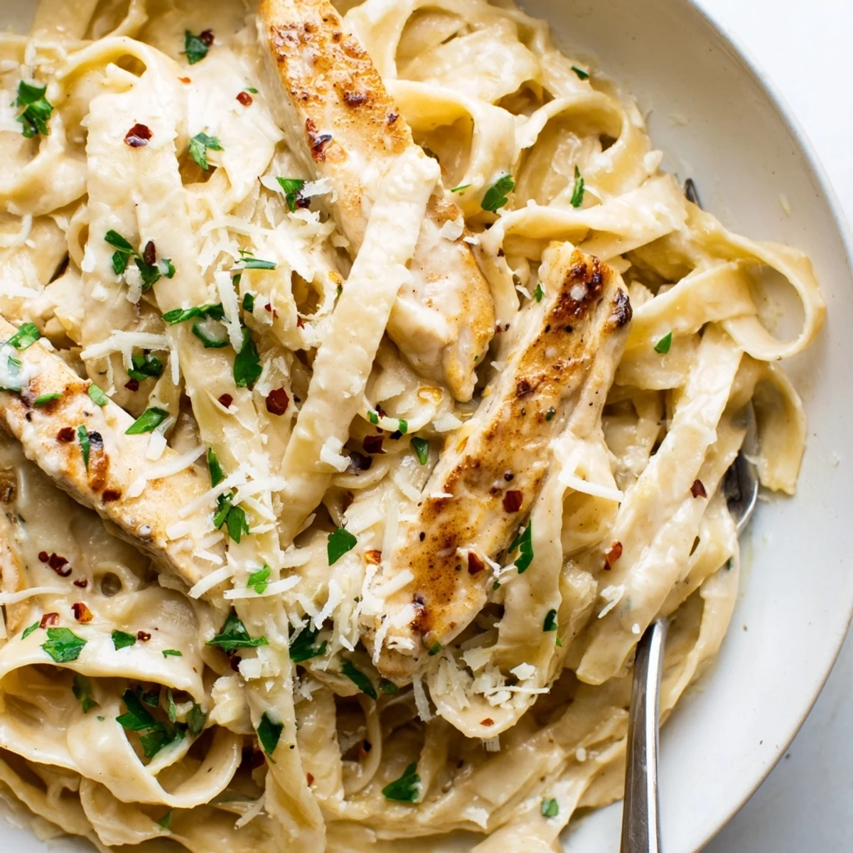 Creamy Garlic Parmesan Chicken Pasta topped with fresh parsley and extra Parmesan shavings