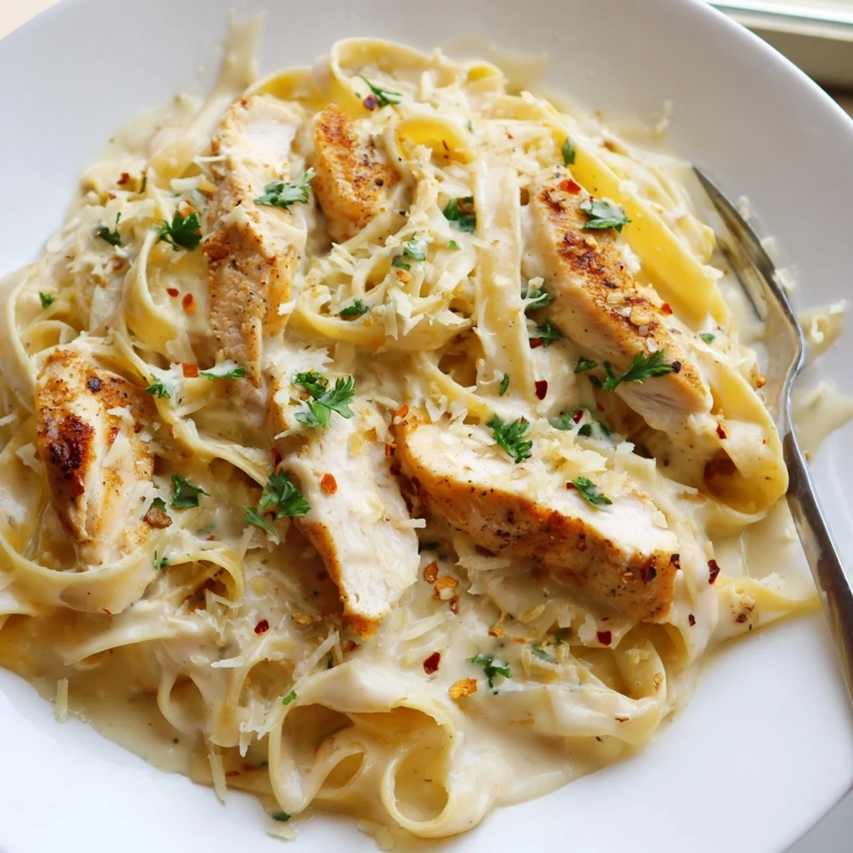 Golden seared chicken strips nestled in Creamy Garlic Parmesan Chicken Pasta with fettuccine