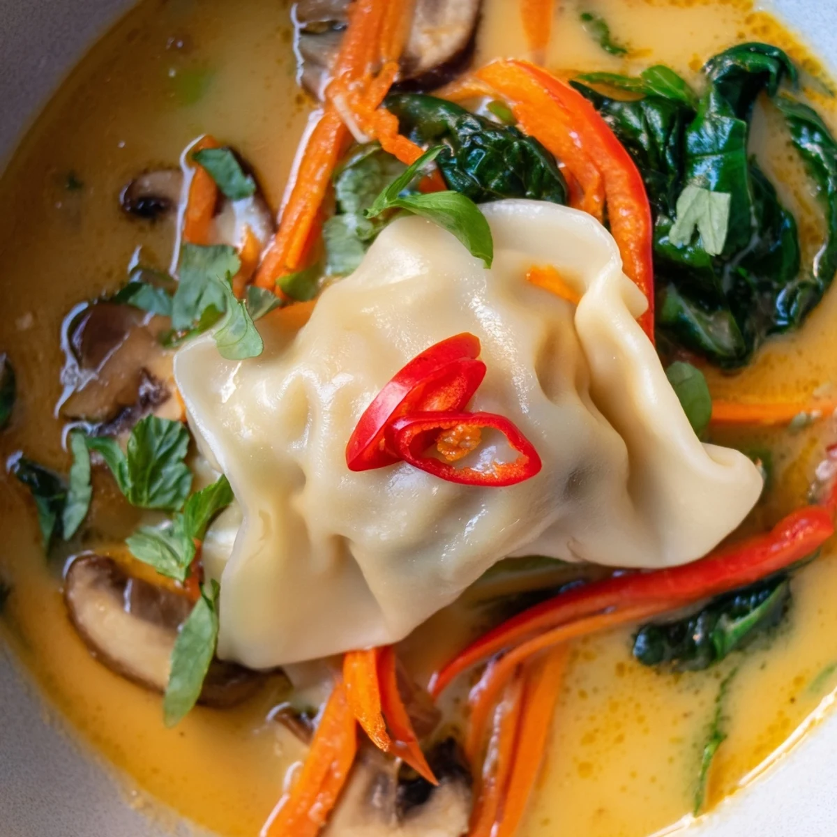 Steaming bowls of creamy Thai dumpling soup topped with fresh herbs and chili slices